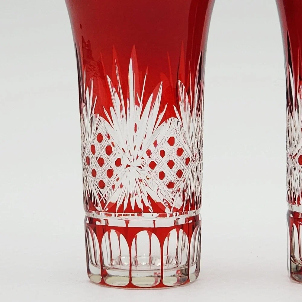 Vintage Bohemian Ruby Red Cut to Clear Crystal Tumbler Highball Glasses Pair